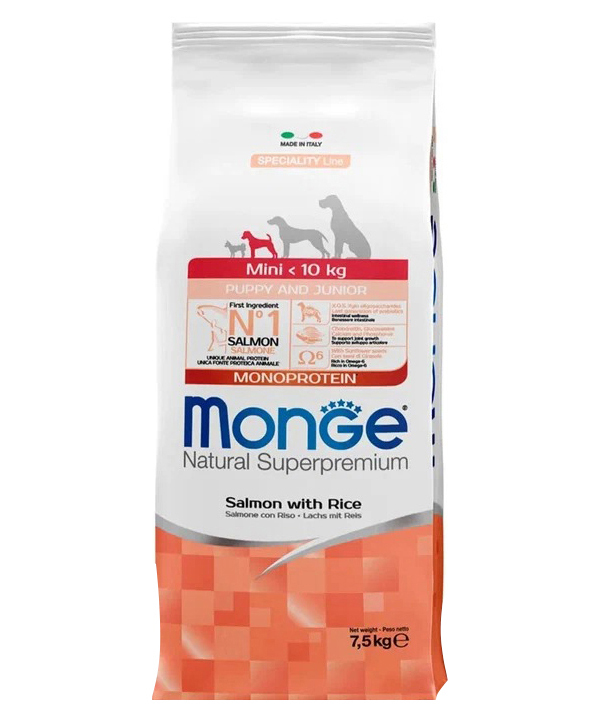 

Сухой корм для щенков Monge Speciality Monoprotein с лососем и рисом, 2 шт по 7,5 кг