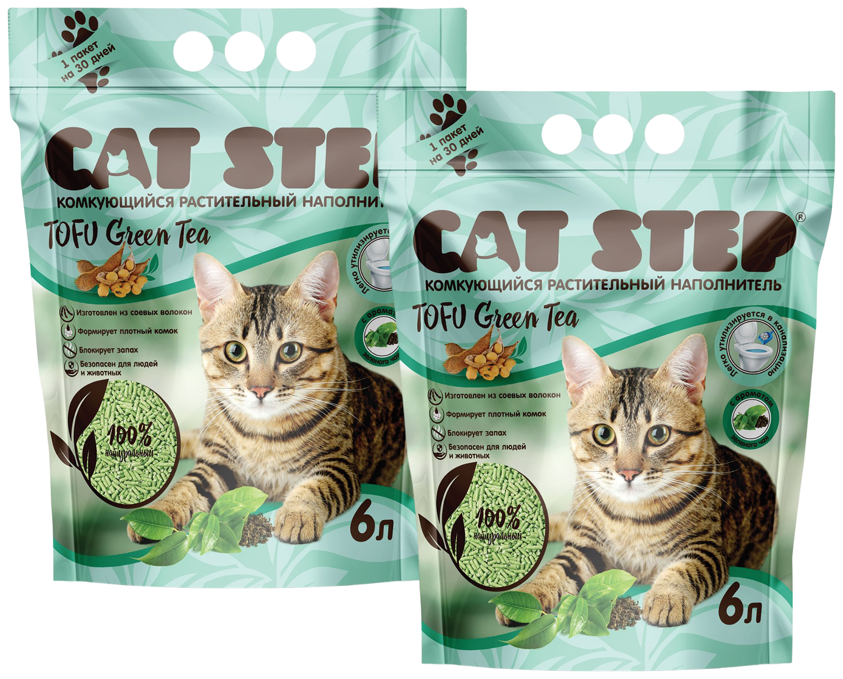 Комкующийся наполнитель Cat Step Tofu Green Tea растительный, 2 шт по 6 л