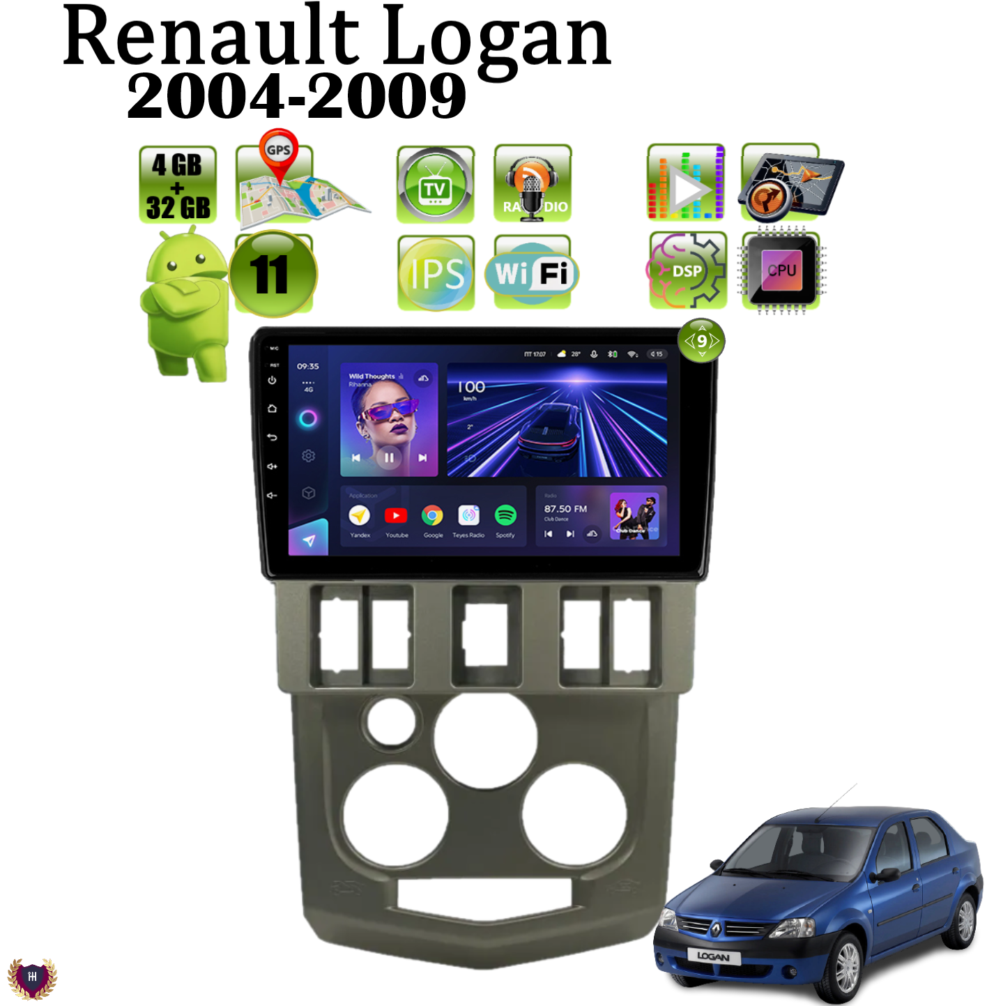 Автомагнитола для Renault Logan (2004-2009), Android 11, 4/32 GB, GPS, Bluetooth, WiFi