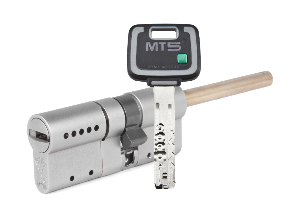 

Цилиндр Mul-t-Lock MT5+ ключ-шток (размер 50х31 мм) - Никель, Флажок (3 ключа), Серебристый