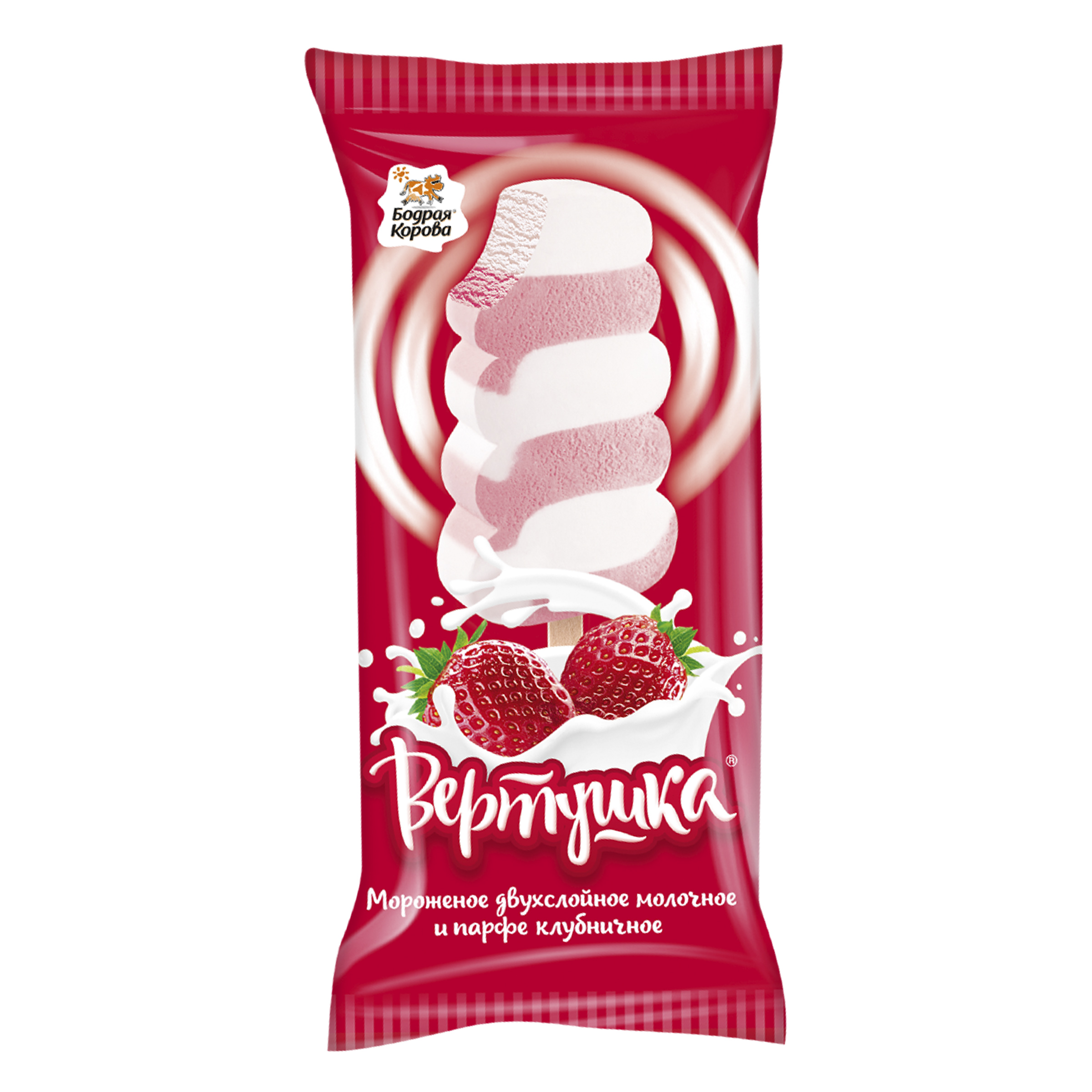 

Мороженое Бодрая корова Вертушка двухслойное, молочное и парфе клубничное, 70 г