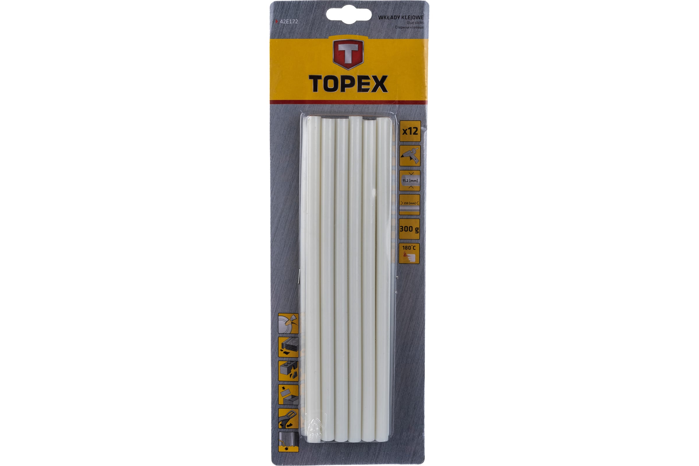 TOPEX Стержни клеевые 10.5 мм, 12 шт., белый, дл. 250 мм 42E172 клеевые стержни topex