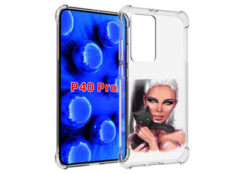 Чехол MyPads девушка-с-черным-котиком женский для Huawei P40 Pro противоударный