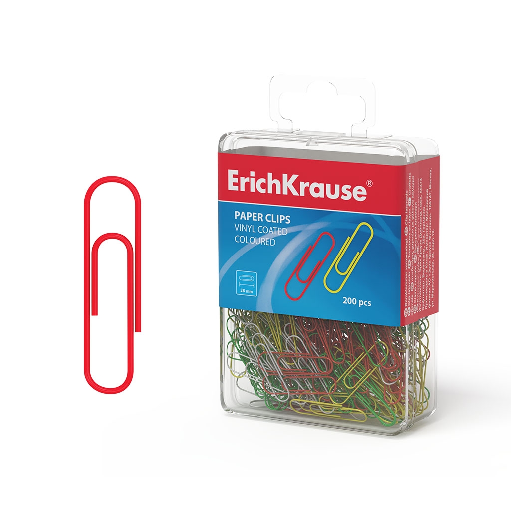 Скрепки металлические с виниловым покрытием ErichKrause цветные, 28мм (пластиковая коробка