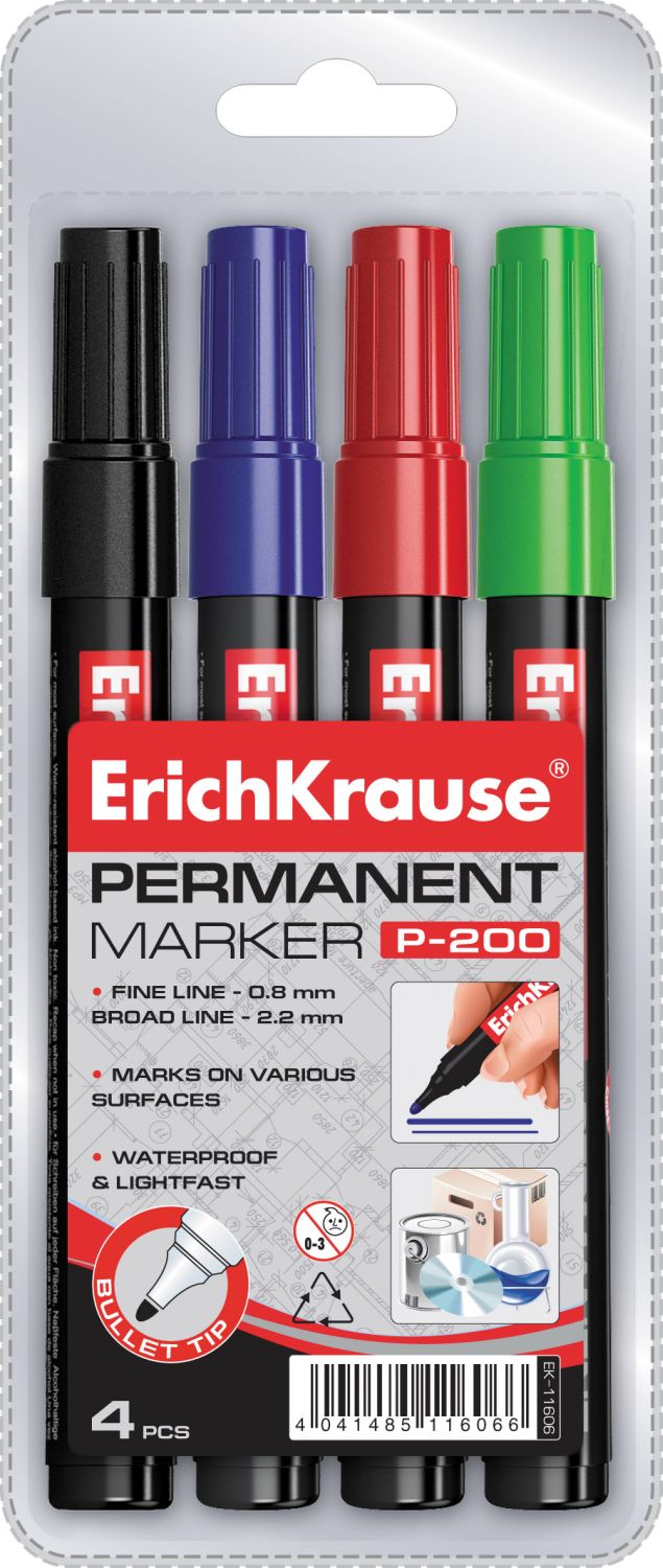 Перманентный маркер ErichKrause P-200,  чернил: черный, синий, красный, зеленый (в фут