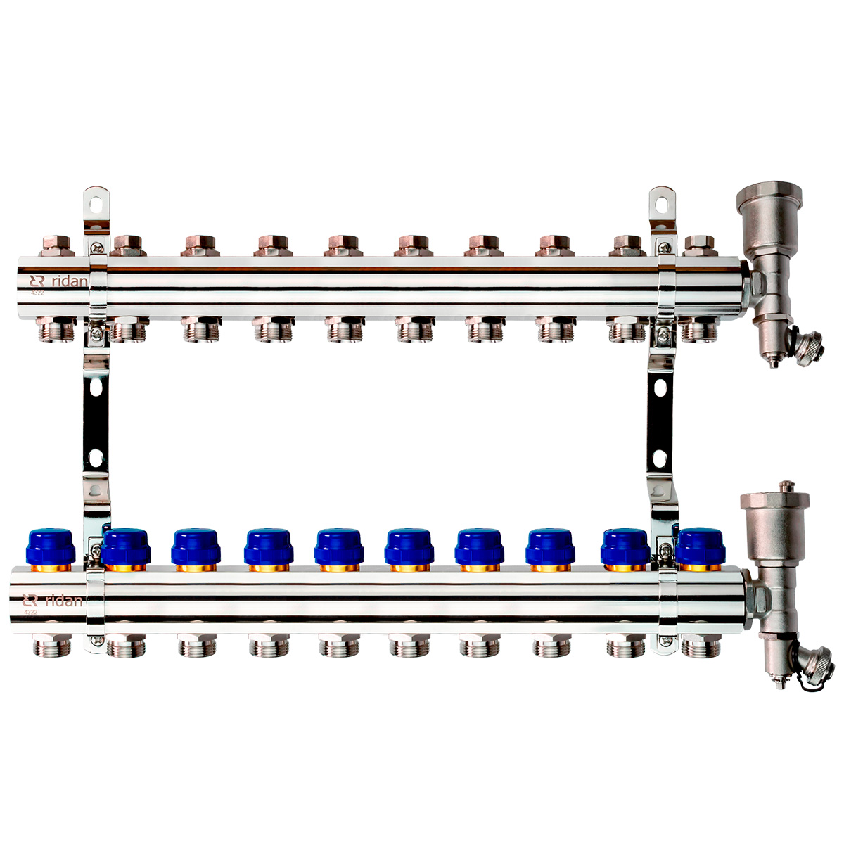 Комплект коллекторов Ридан FHF-10R set с кронштейнами и воздухоотводчиками, 10 контуров