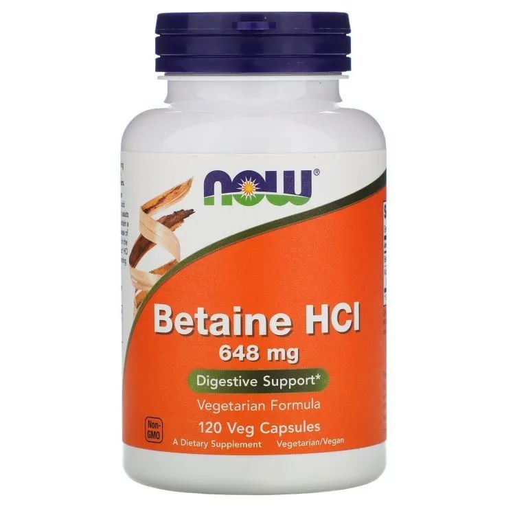 

Now Foods, Betaine HCL, гидрохлорид бетаина, 648 мг, 120 растительных капсул, Betaine HCL