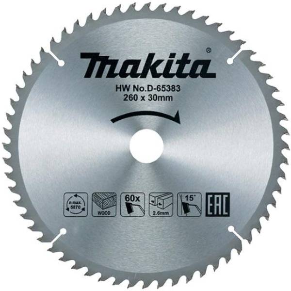 Пильный диск Makita для дерева, 260x30x2.6/1.8x60T, D-65383