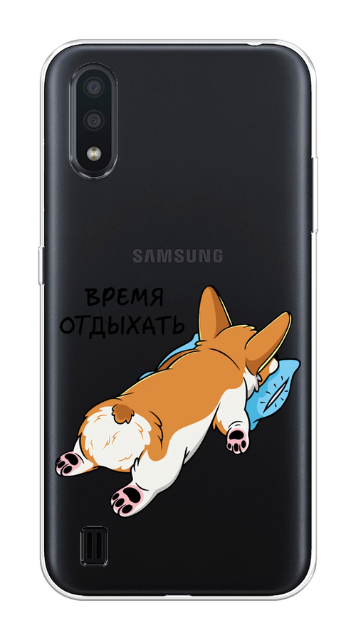 

Чехол на Samsung Galaxy A01 "Корги отдыхает", Черный;коричневый;голубой, 29550-1