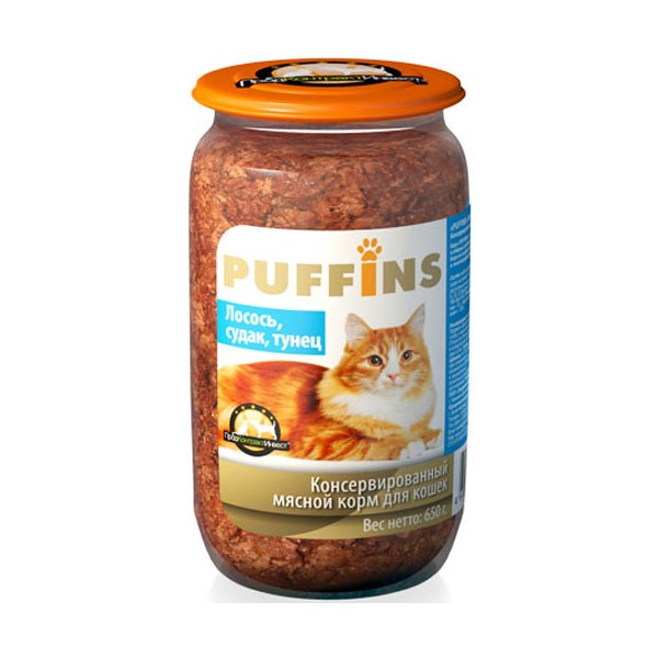 

Консервы для кошек Puffins, лосось, тунец, рыба, 8шт по 650г, лосось, тунец, рыба 650 г