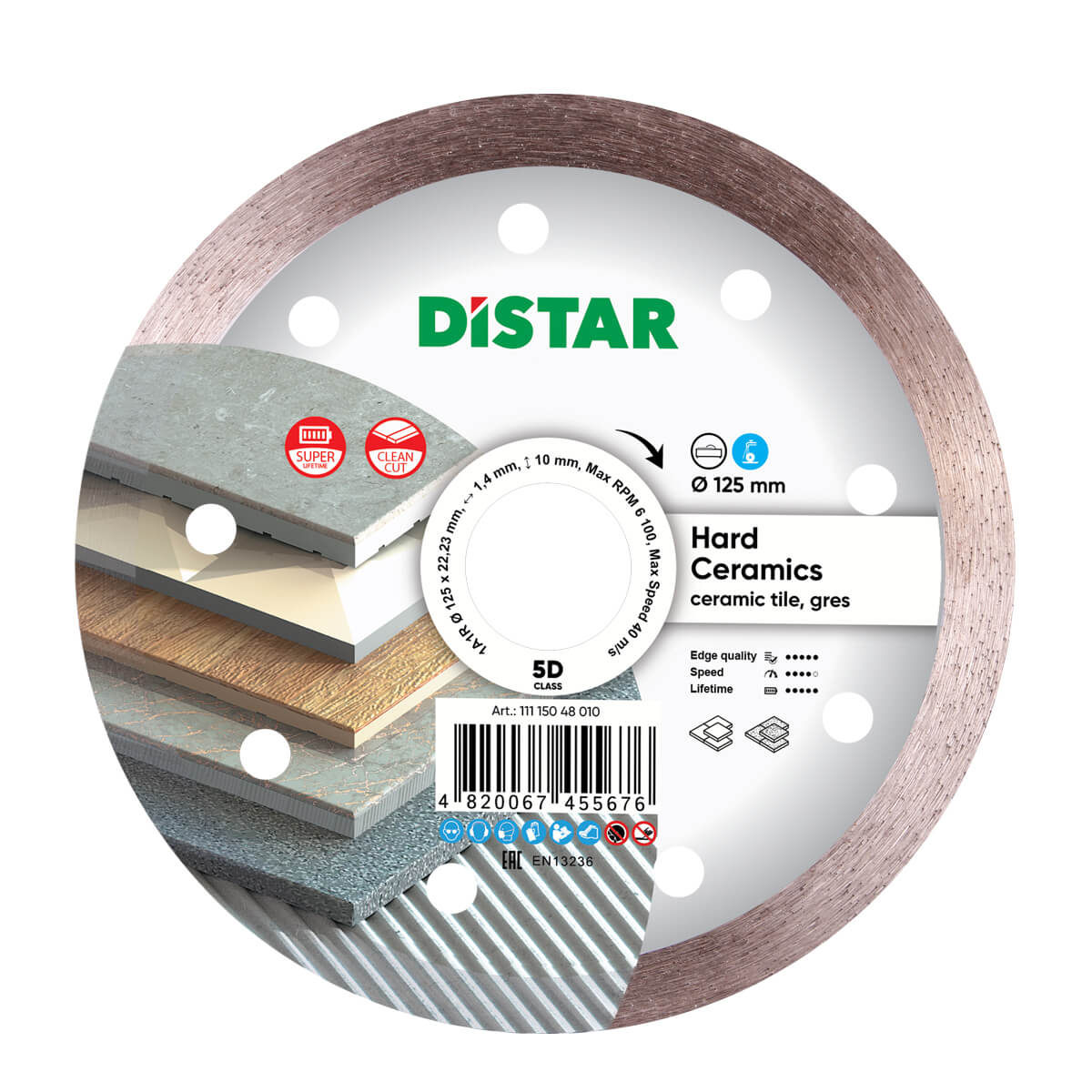 Диск алмазный отрезной по керамограниту и керамике для УШМ Distar 125 мм Hard ceramics 5D диск алмазный отрезной по керамике и керамограниту для ушм distar 1a1r 125 мм edge dry 7d