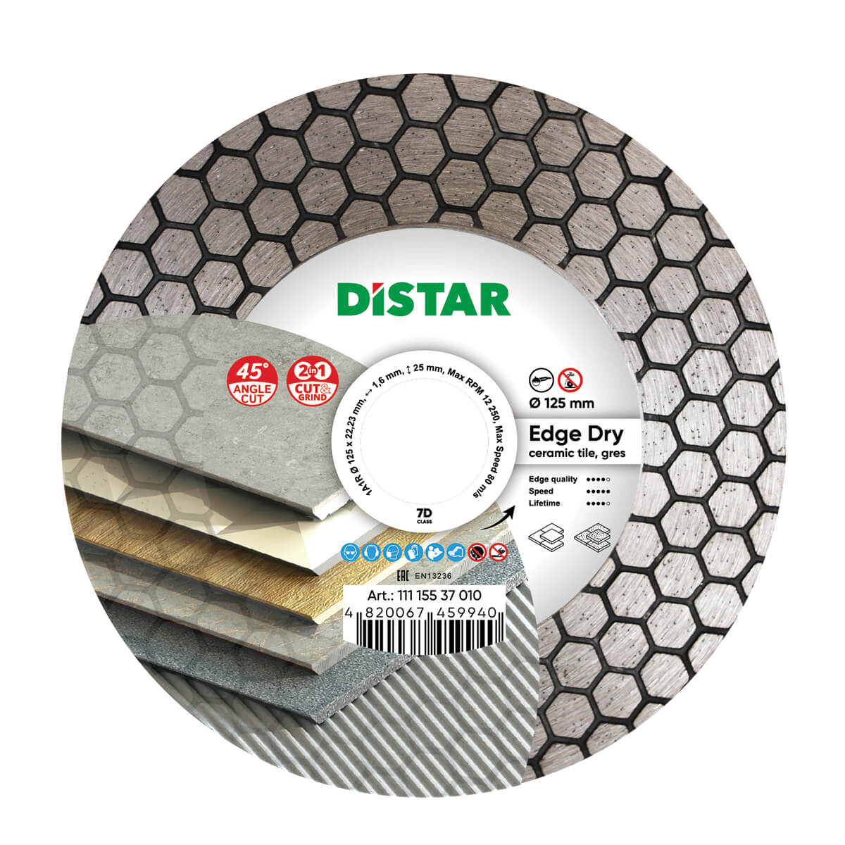Диск алмазный отрезной по керамике и керамограниту для УШМ Distar 1A1R 125 мм Edge Dry 7D универсальный сегментный алмазный диск edge by patriot