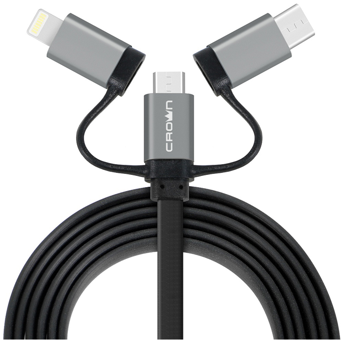 фото Кабель 3 в 1 crown cmcu-3182 с разъемом apple lightning/micro-usb/type c 1мчёрный