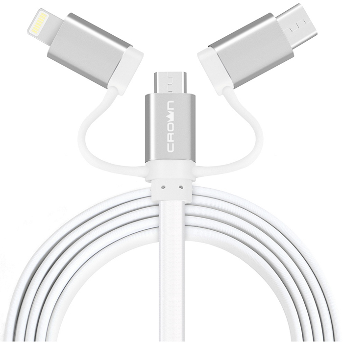 Кабель 3 в 1 Crown CMCU-3182 с разъемом Apple Lightning/micro-USB/Type C 1мбелый