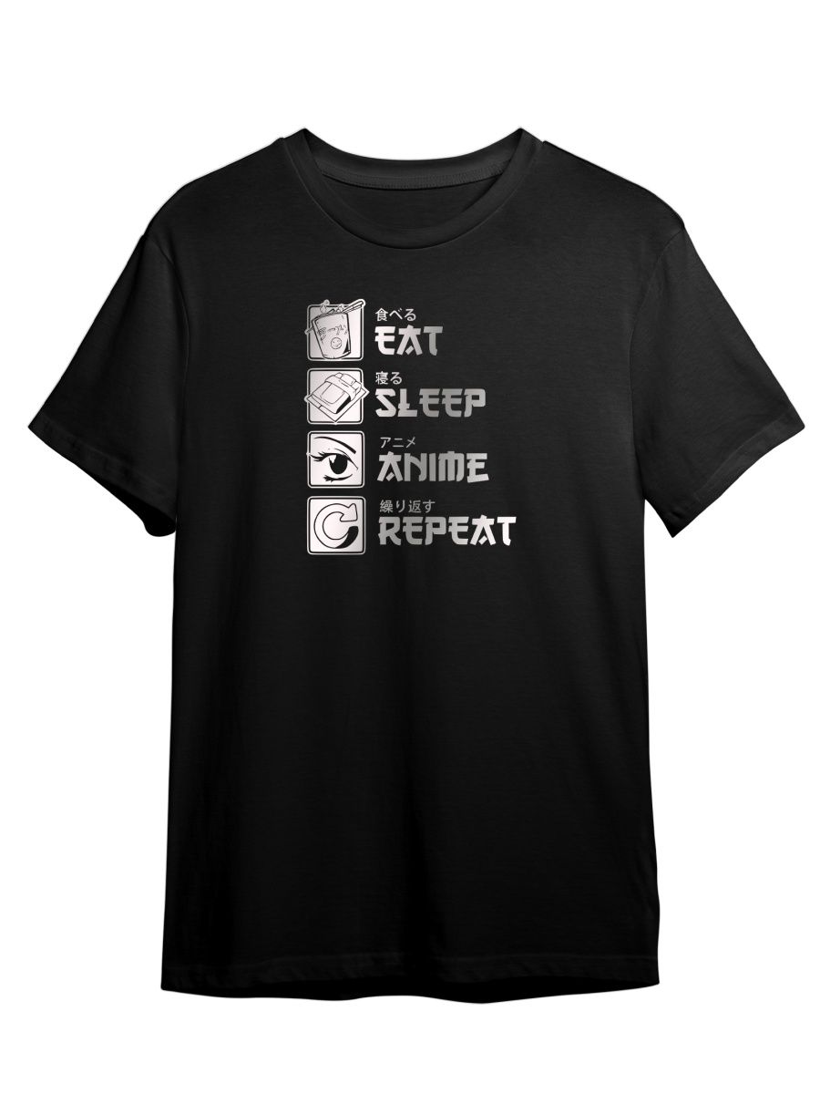 

Футболка унисекс Каждому Своё Eat, sleep, anime, repeat/Аниме ANRA7ZS черная XS, "Eat, sleep, anime, repeat/Аниме" ANRA7ZS