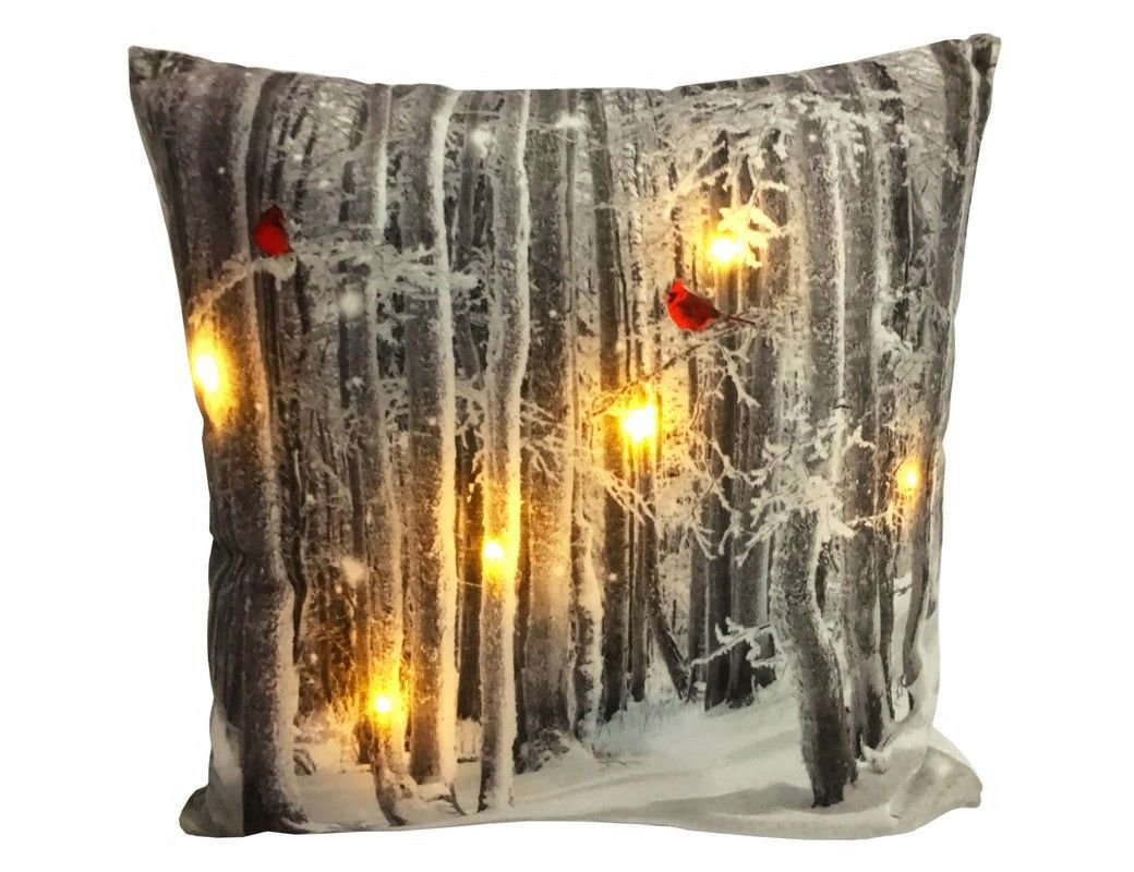 фото Светящаяся подушка кардиналы в лесу, 6 тёплых белых led-огней, 45х45 см peha magic