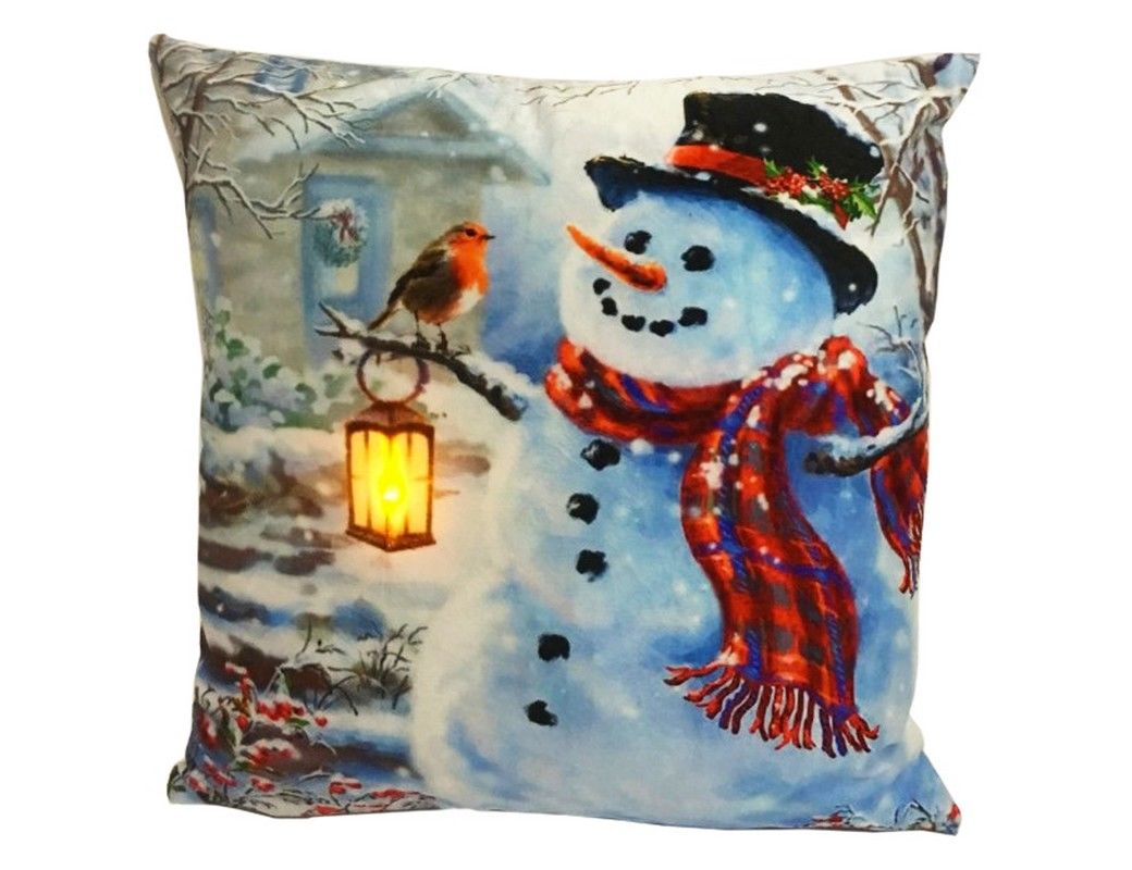 фото Светящаяся подушка снеговичок с малиновкой, 1 тёплый белый led-огонь, 45х45 см peha magic