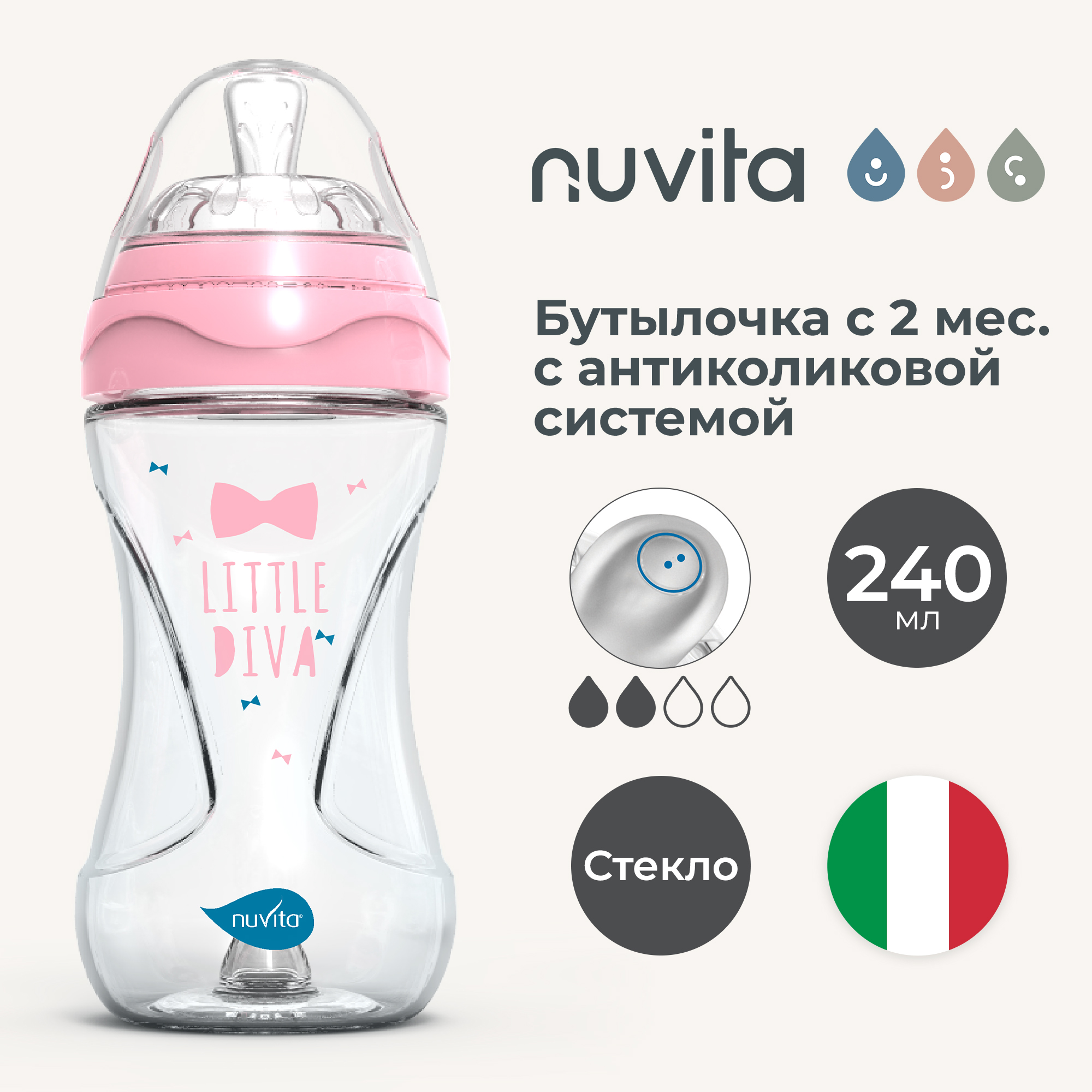 Бутылочка Nuvita Glass Collection антиколиковая для новорожденных стекло розовая 240 мл 2490₽