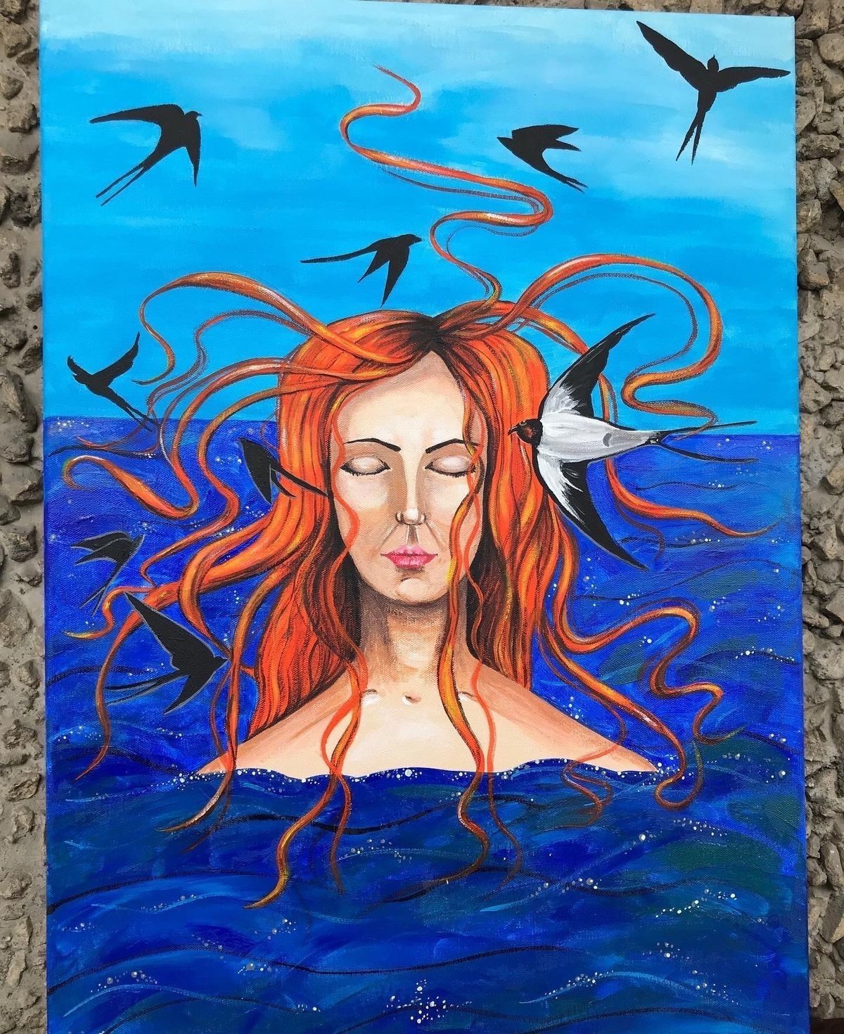 

Картина акрилом Рождение, холст 50х70 см, для интерьера, текстурной пастой, океан, Рождение