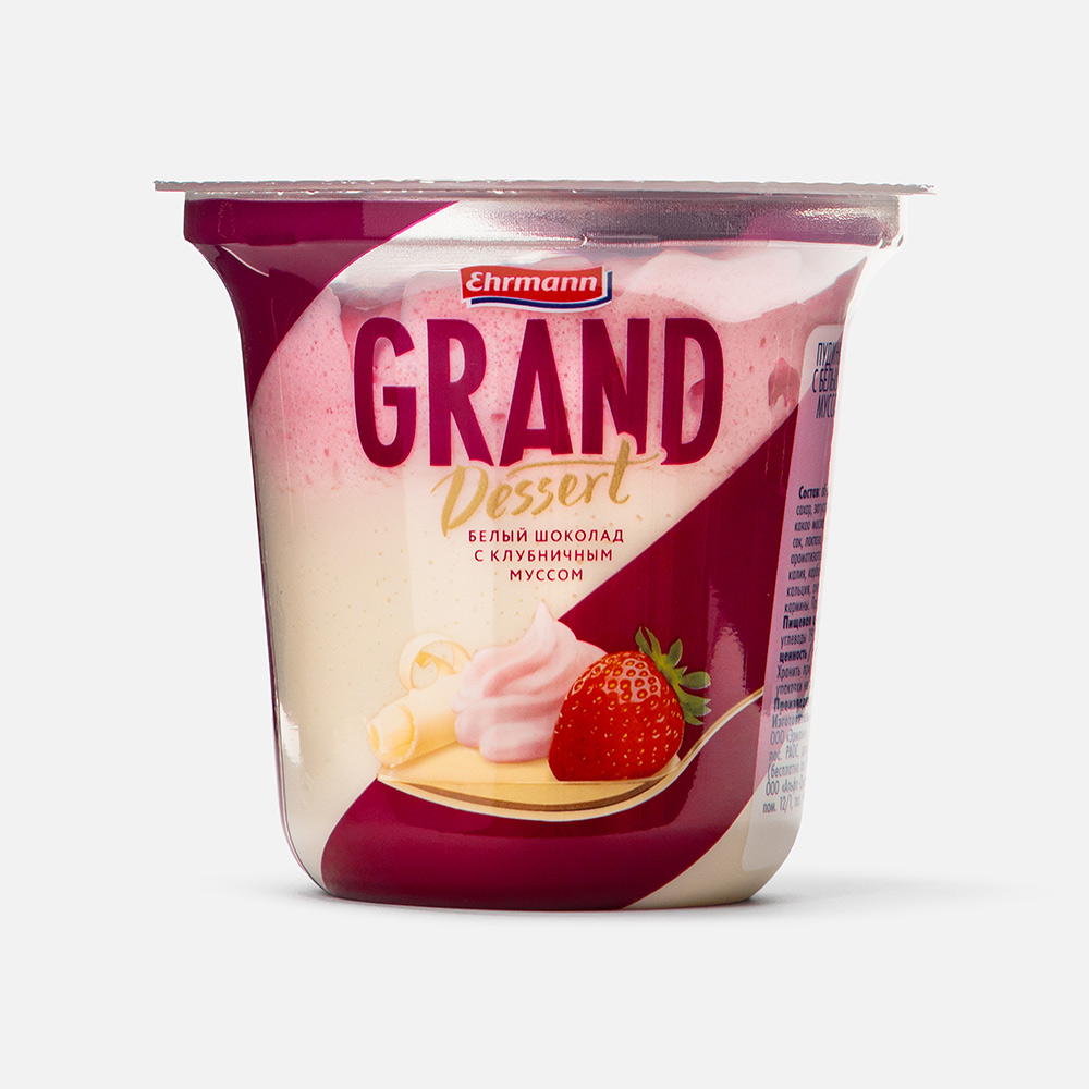 Десерт ehrmann grand dessert пудинг с белым шоколадом и клубникой 6%, 200 г бзмж