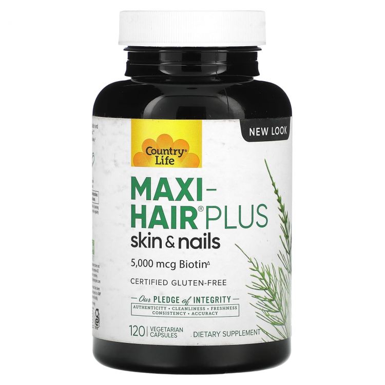 

Пищевая добавка Country Life, Maxi Hair Plus 5,000 мкг, 120 растительных капсул