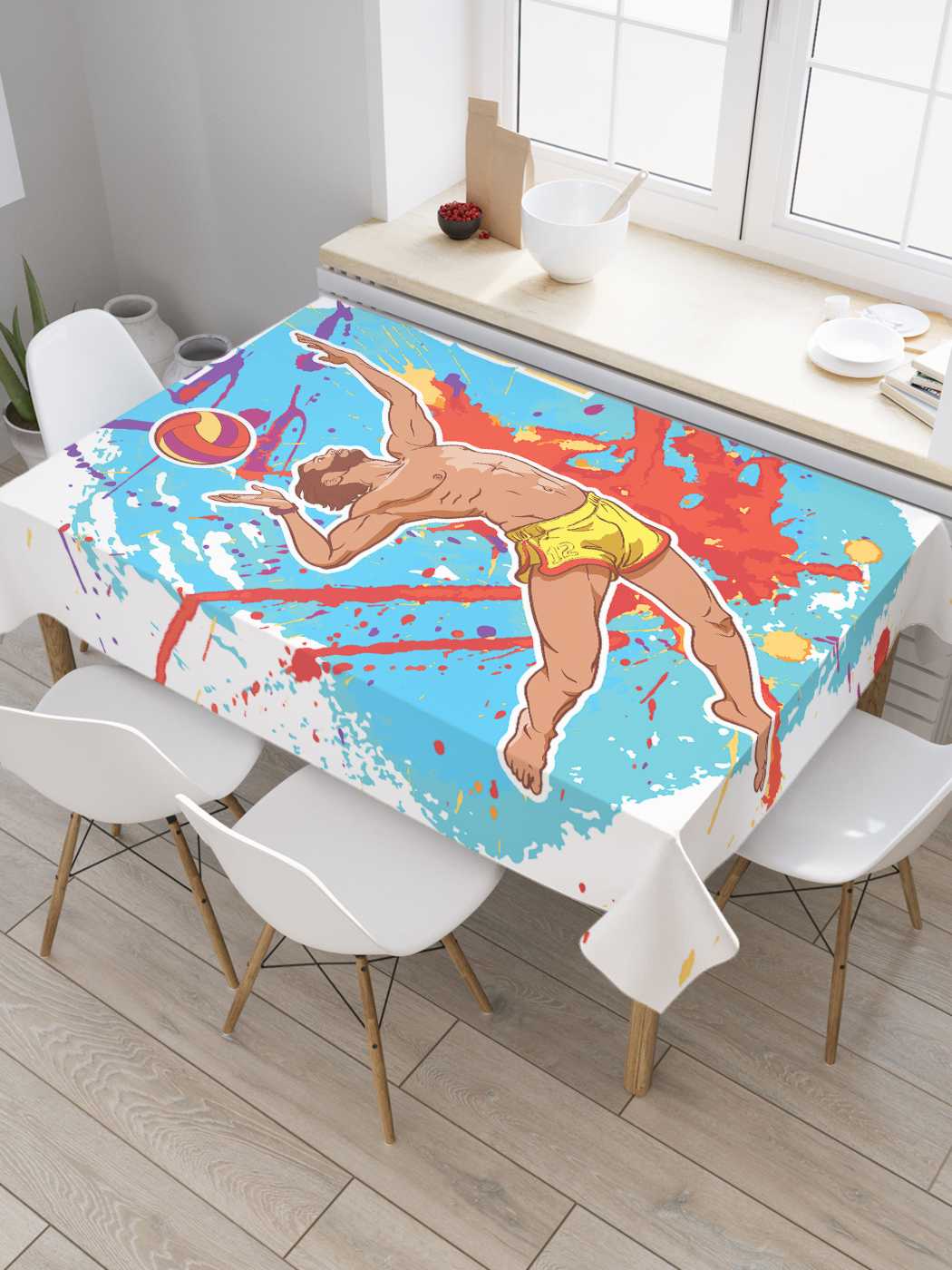 фото Скатерть прямоугольная joyarty "рисунок с волейболистом" из сатена, 120x145 см