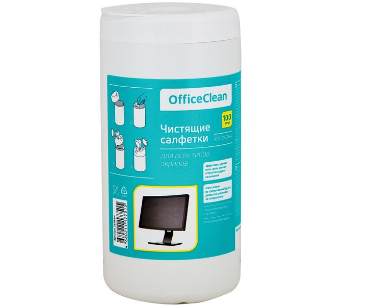 Салфетки чистящие влажные OfficeClean, для экранов, в тубе, 100шт.