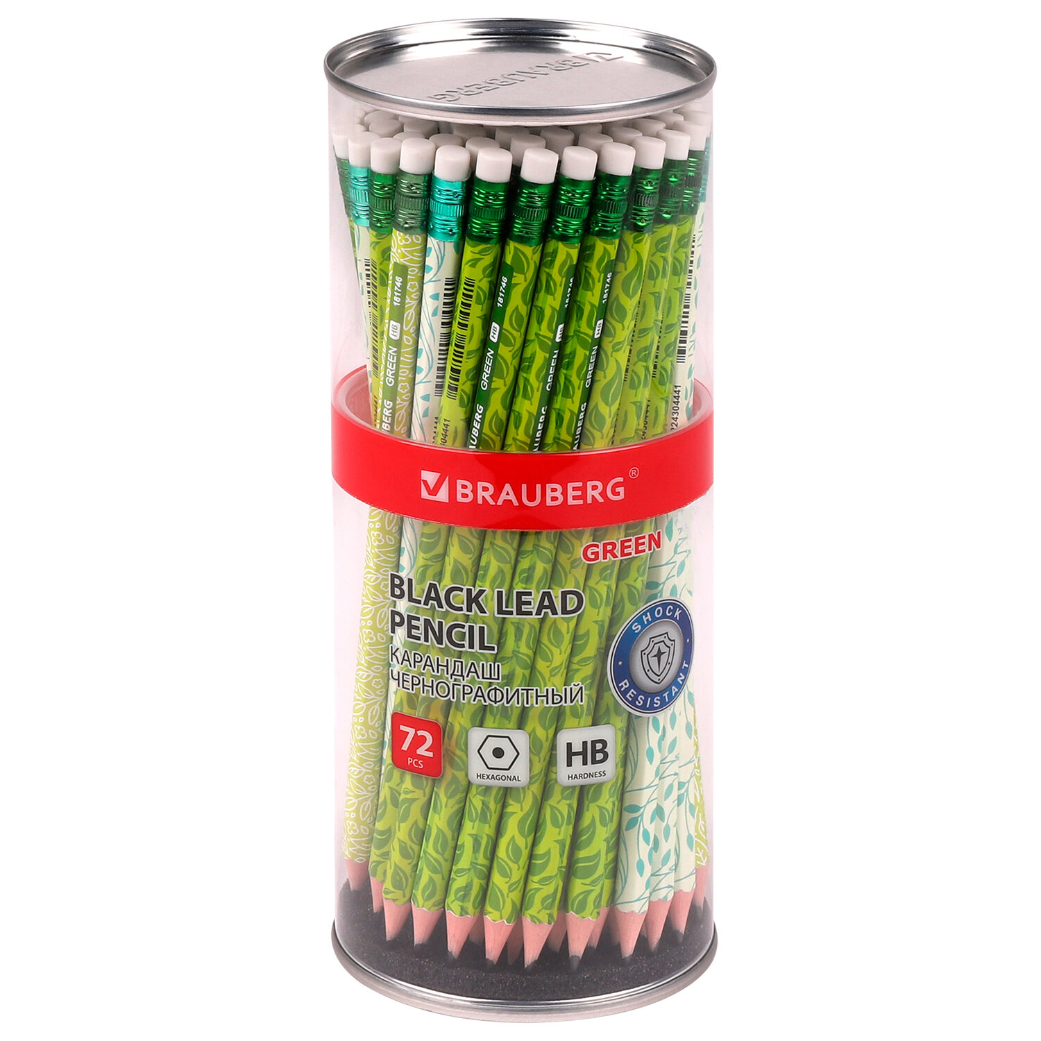 

Карандаш чернографитный BRAUBERG GREEN HB с ластиком пластиковый ассорти 72 шт