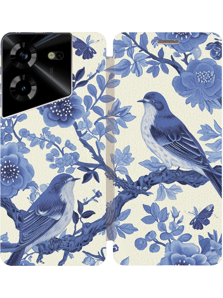 

Чехол-книжка на Tecno Pova 5 с принтом "Птички" золотой, Золотистый;белый;синий, 772627523