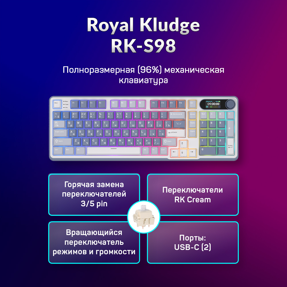 Проводная/беспроводная клавиатура Royal Kludge RK-S98 белый, серый, синий (6977576550618)