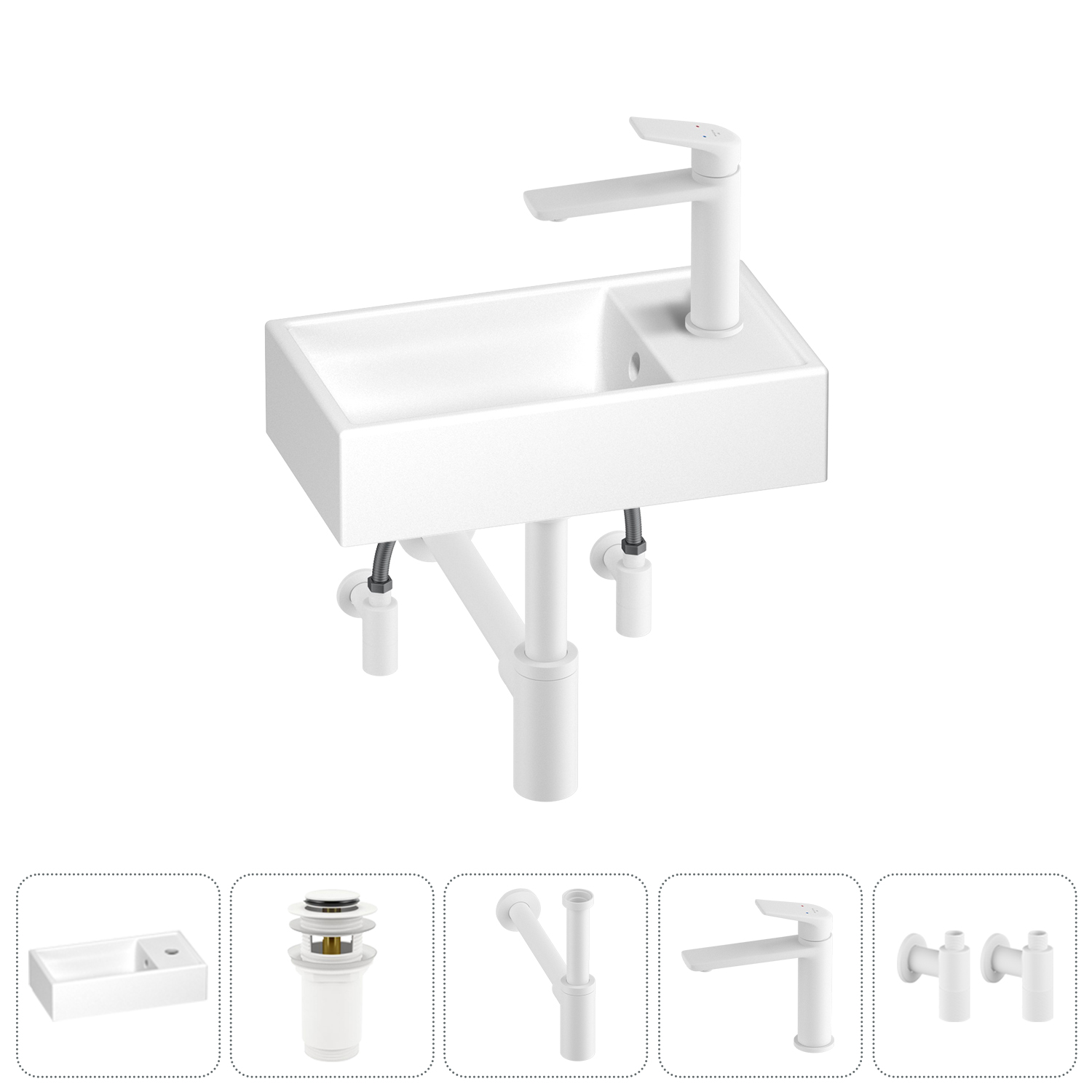 

Маленькая раковина для ванной комнаты или туалета Wellsee WC Area 202010470 в наборе 5 в 1, Матовый белый, WC AREA_complects_матовый белый
