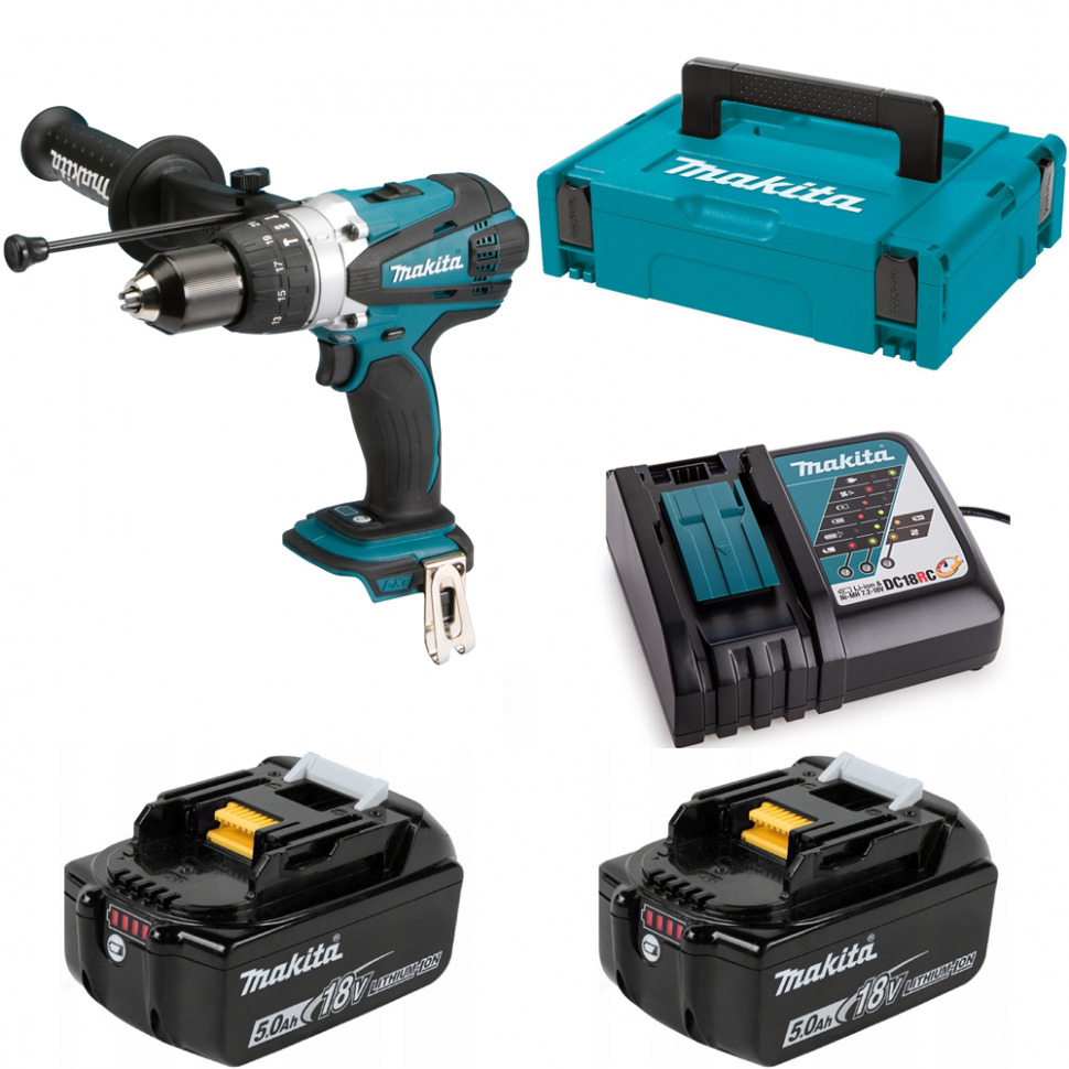 фото Дрель-шуруповерт ударная аккумуляторная makita 91нм 18в lxt li-ion 2x5ач dhp458rtj