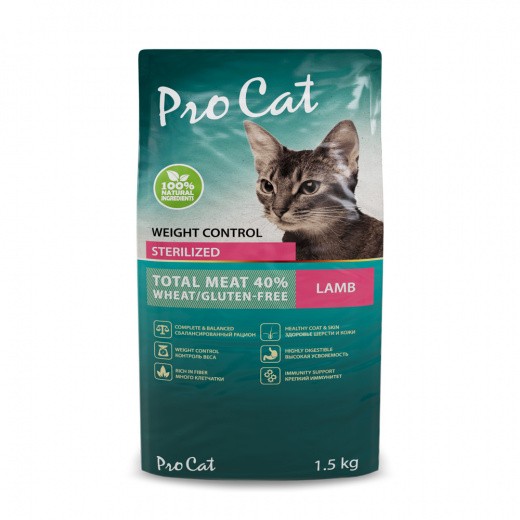 Сухой корм для кошек PRO CAT, для стерилизованных, поддержание веса, ягненок, 1,5 кг