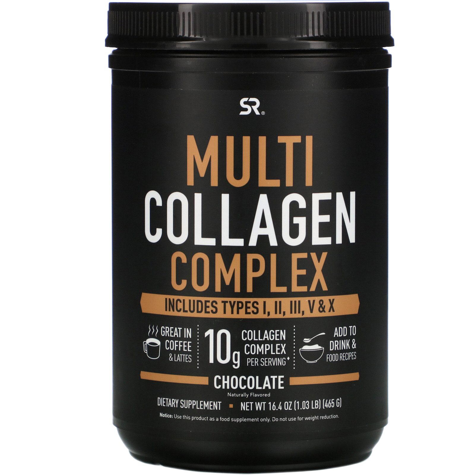 Sports Research Multi Collagen Complex Chocolate 465 г, типы коллагена 1 2 3 5 и 10