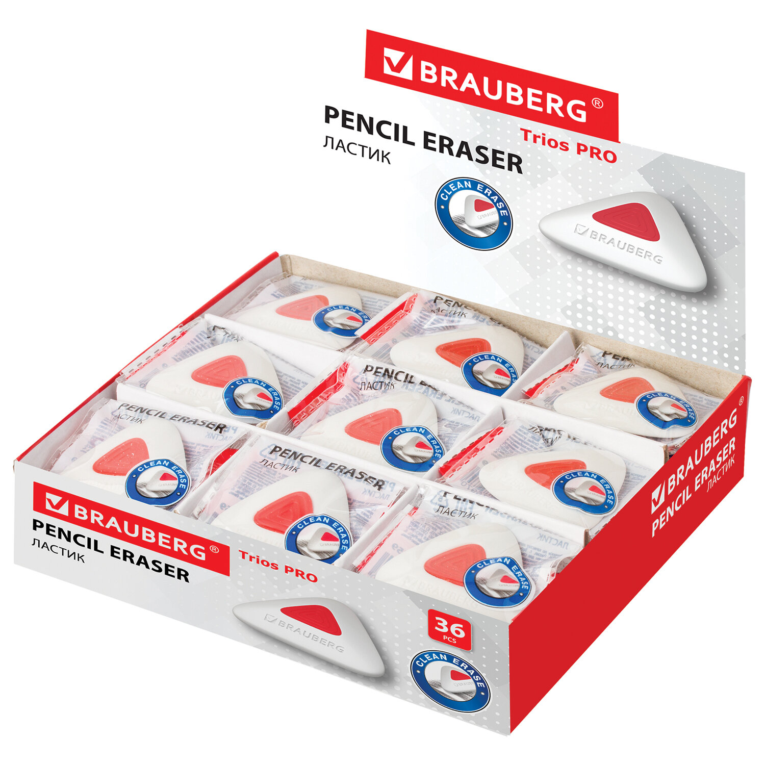

Ластик BRAUBERG Trios PRO 36х36х9 мм белый треугольный 36 шт, Разноцветный