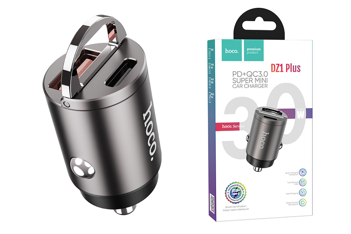 фото Зарядное устройство hoco dz1 plus pd+qc3.0 mini car charger metal серый металлик