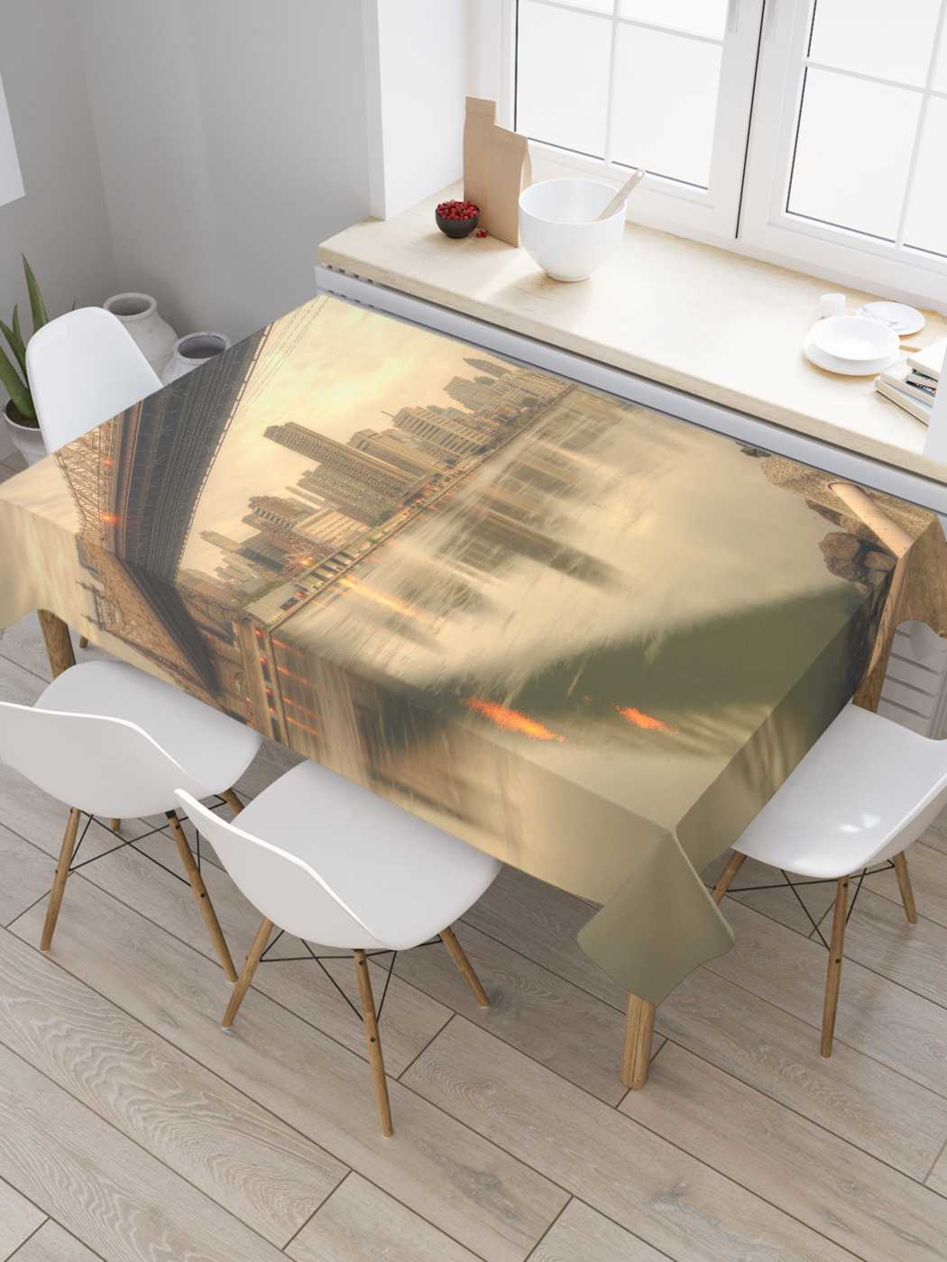 фото Скатерть прямоугольная joyarty на кухонный стол "мост ретро" из оксфорда, 120x145 см