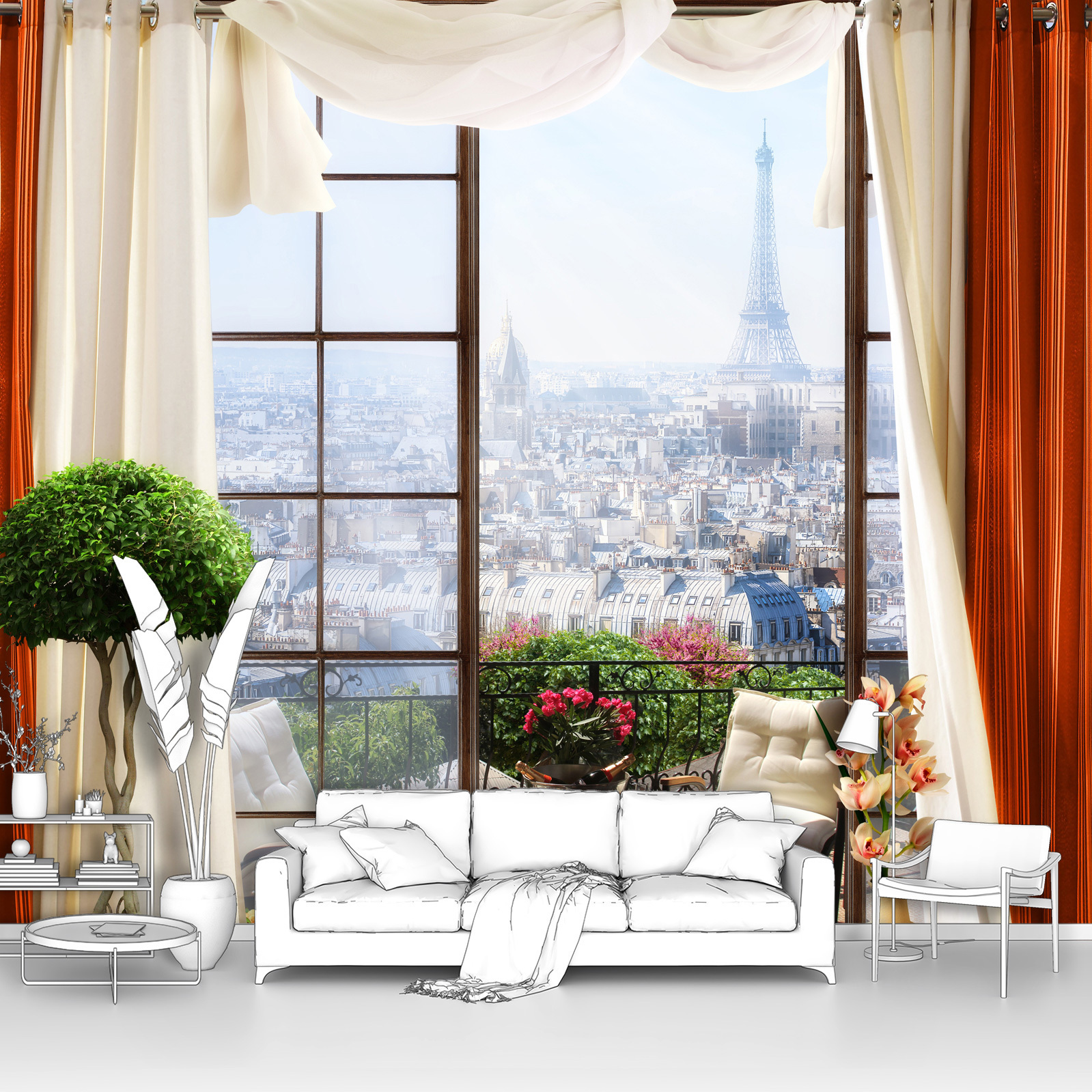 фото Фотообои первое ателье "открытый балкон с занавесками в париже" 300х290 см (шхв)