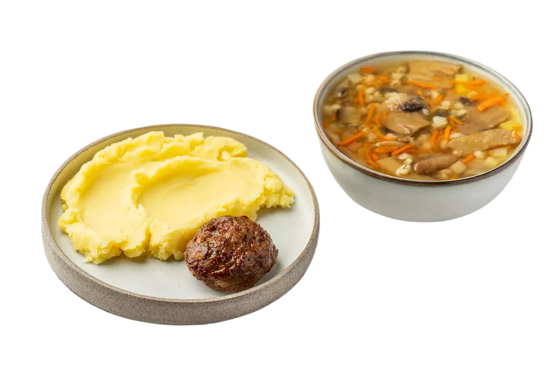 

Суп грибной и котлета домашняя с картофельным пюре ВкусВилл 570 г