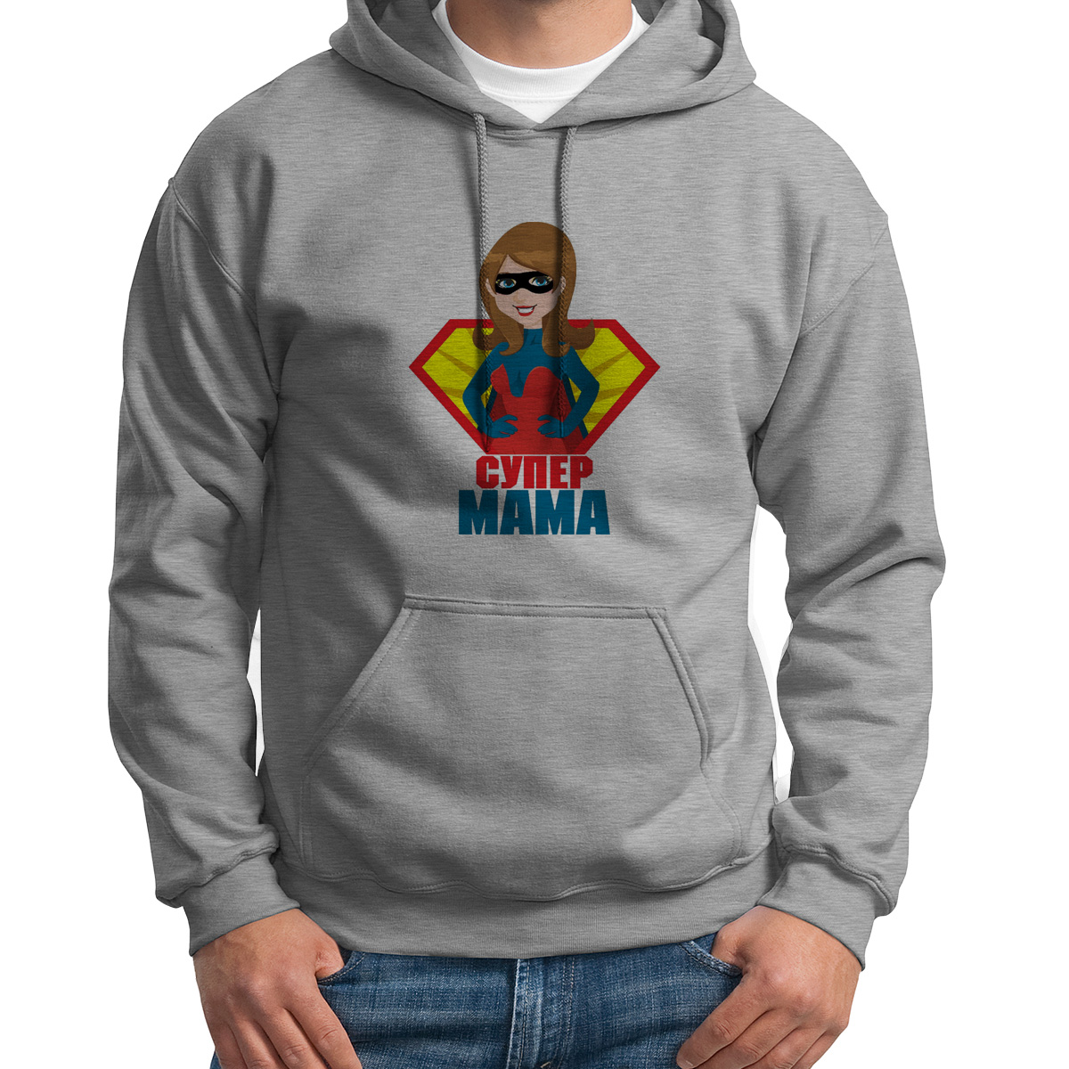 

Худи унисекс CoolPodarok Супер мама серое 46 RU, Серый, S0114578