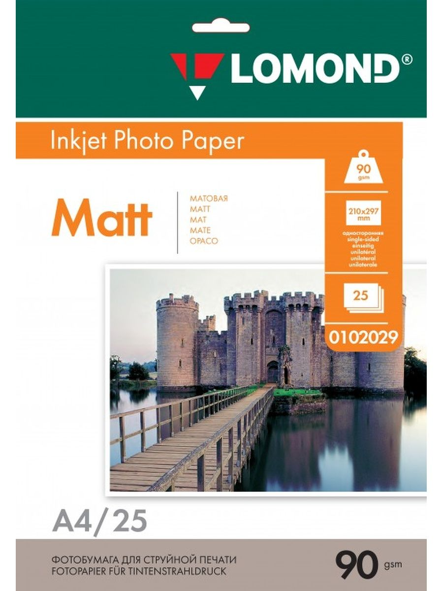 

Фотобумага А4, 90 г/м2, 25 листов, матовая, односторонняя, Lomond 0102029, Белый