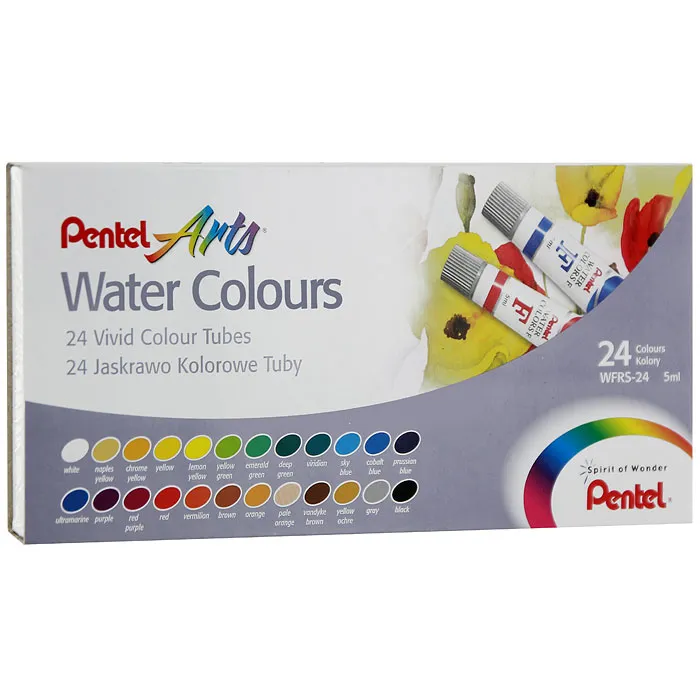 

Краски акварельные художественные PENTEL "Water Colours", НАБОР 24 цвета, туба 5 мл, карто