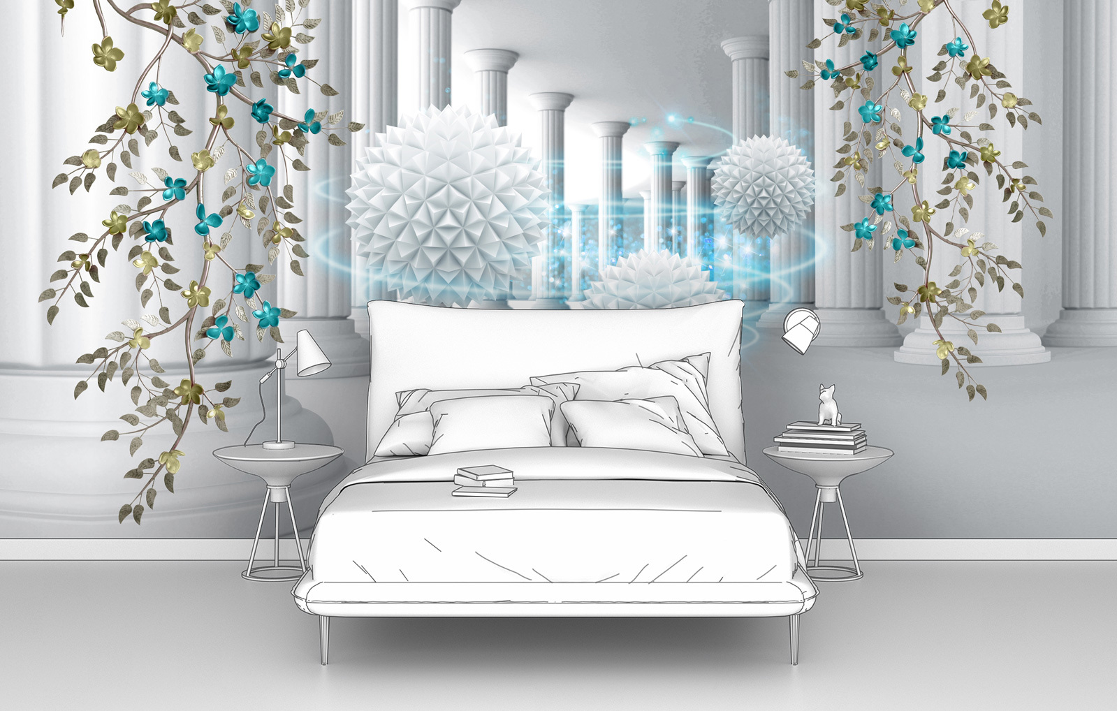 

Фотообои ПЕРВОЕ АТЕЛЬЕ "Колючие шары в коридоре с цветочными ветками" 400х190 см (ШхВ), Колючие шары в колонном коридоре с цветочными ветками