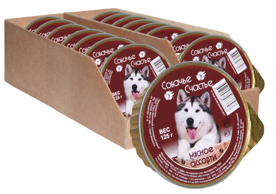 Консервы для собак Собачье Счастье мясное ассорти в желе, 16 шт по 125 г