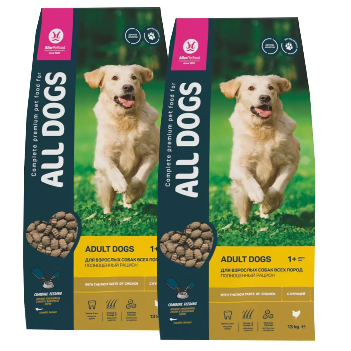 Сухой корм для взрослых собак All Dogs курица, 2 шт по 13 кг