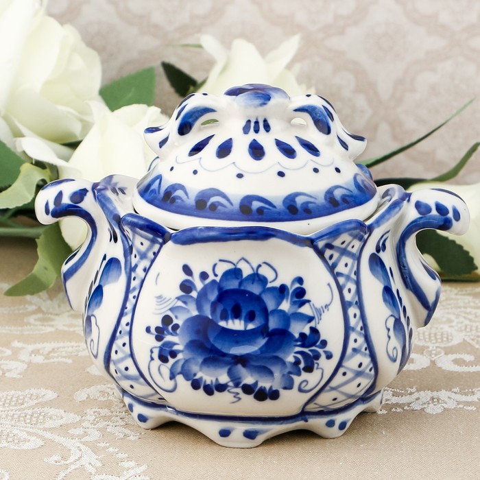 

Сахарница Бутон, 10х15х11 см, авт. Сидоров, гжель, Белый;синий