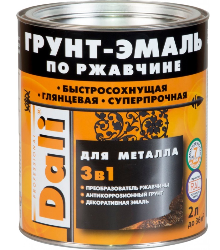 

Эмаль-грунт DALI 3 в 1 по ржавчине 2 л зеленая глянцевая, Зеленый