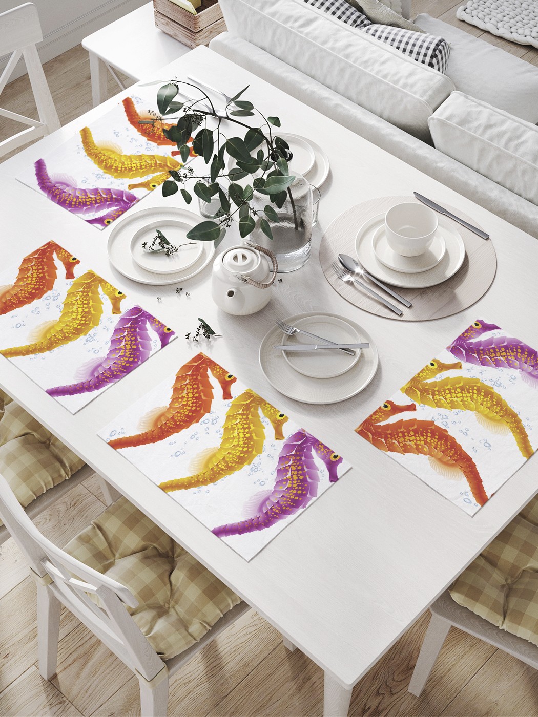 фото Комплект салфеток joyarty "цветные морские коньки" для сервировки стола (32х46 см, 4 шт.)