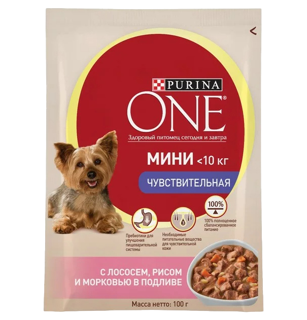 Влажный корм для собак Purina One Mini с лососем рисом и морковью 26 шт по 85 г 1408₽