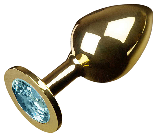 фото Большая золотая анальная пробка с закругленным кончиком и голубым кристаллом 9 см пикантные штучки